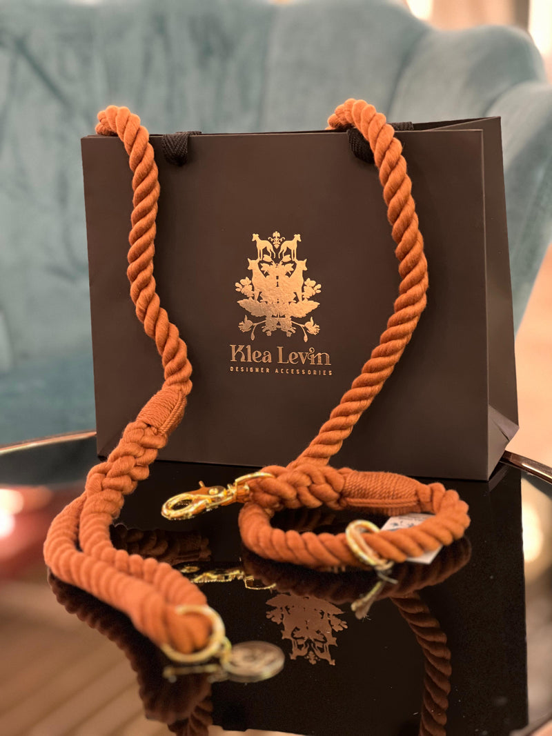 warm brown rope leash for dogs with gold clasp